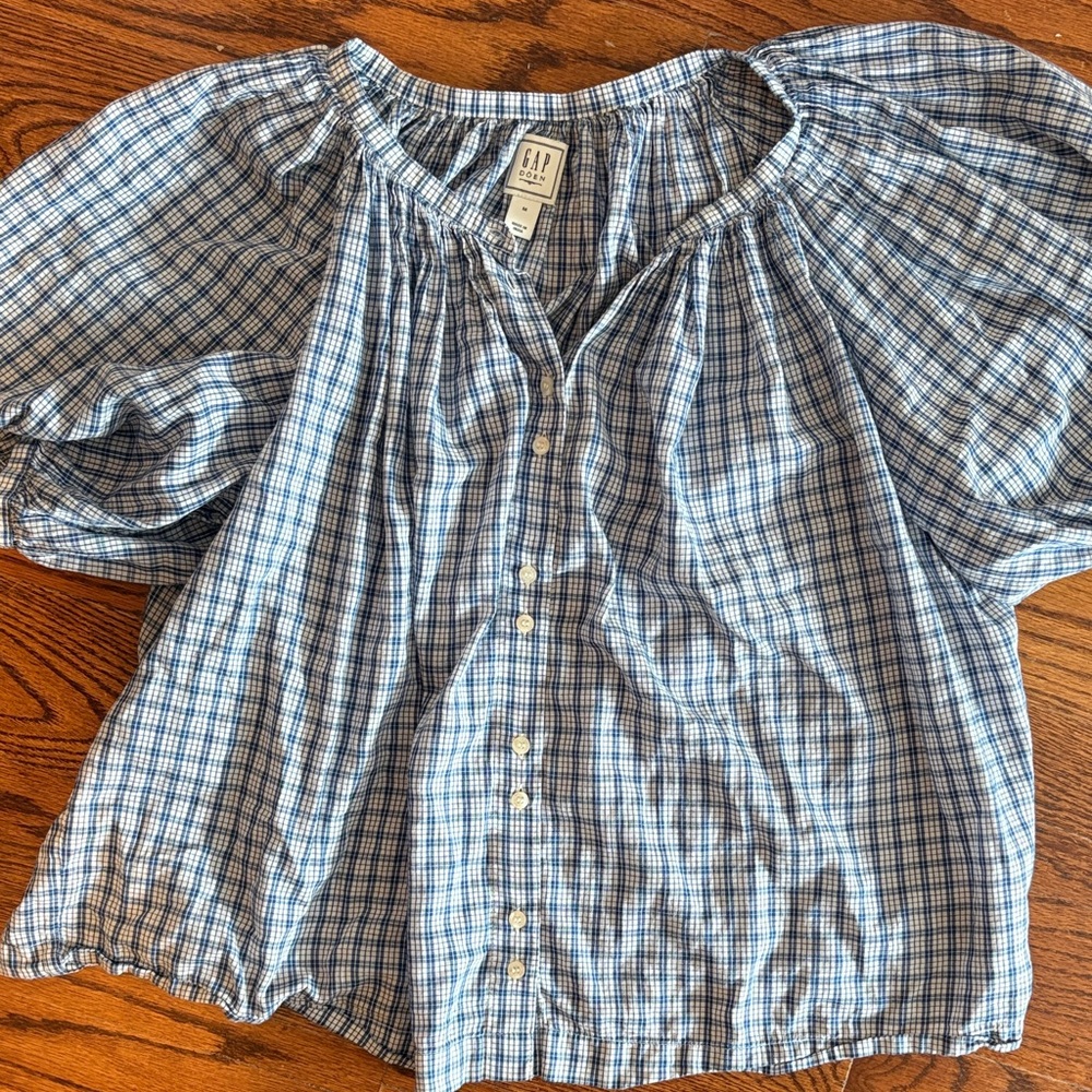 GAP DOEN Blue Checkered Puff Sleeve Blouse